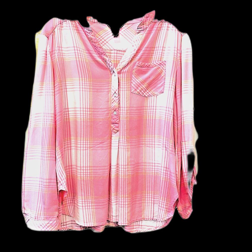 Women's 100% Brushed Rayon Pink Plaid Button Up High/Low Sleeve Shirt  Size L